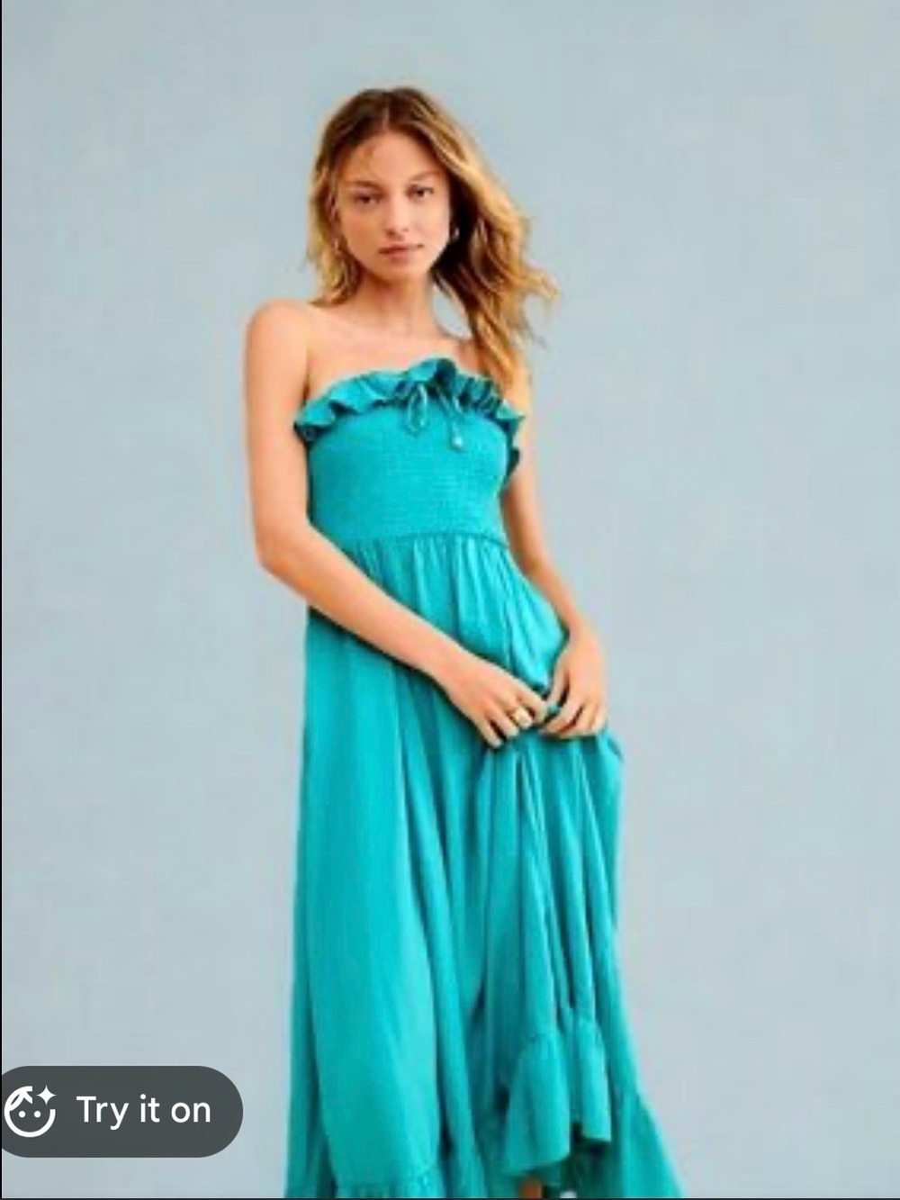 Free People Lush Life Linen Blend Strapless Ruffle Smocked Maxi Dress - Teal - Picture 3 of 11